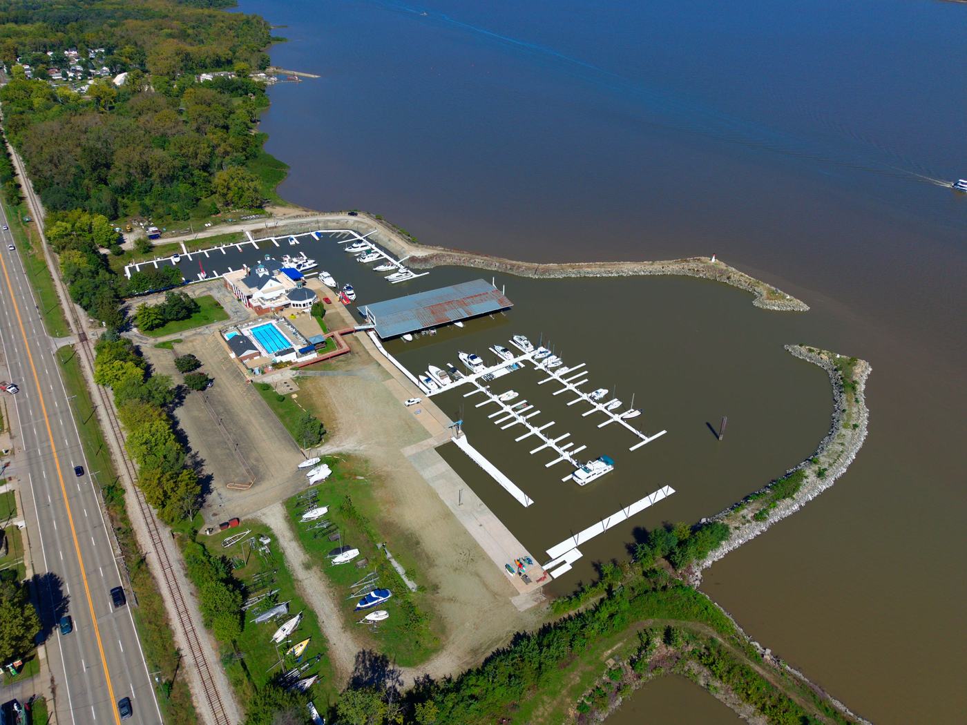 Aerial view of a marina and boat slips on the Illinois River near Peoria