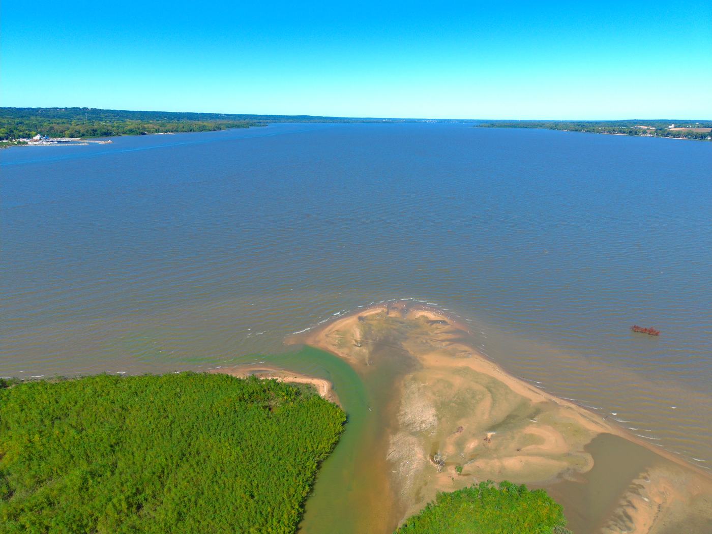 Illinois River sandbar and marshland seen from a drone